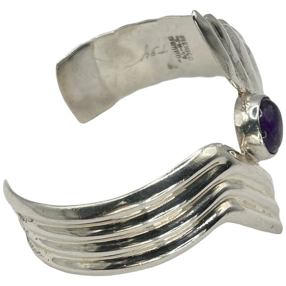 Vintage Modernist Abstract 925 Sterling Silver Amethyst Cuff Bracelet Taxco - Picture 4 of 6